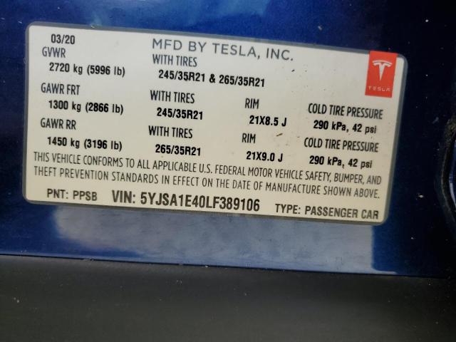 5YJSA1E40LF389106 - 2020 TESLA MODEL S BLUE photo 14
