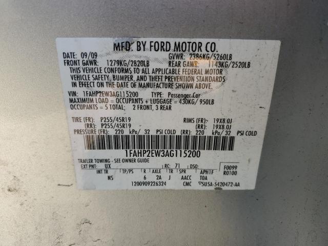 1FAHP2EW3AG115200 - 2010 FORD TAURUS SEL SILVER photo 12