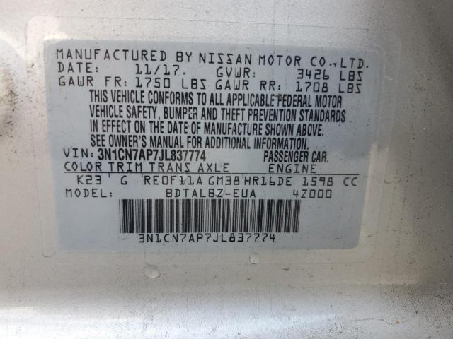 3N1CN7AP7JL837774 - 2018 NISSAN VERSA S SILVER photo 12