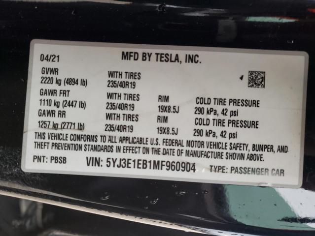 5YJ3E1EB1MF960904 - 2021 TESLA MODEL 3 BLACK photo 12