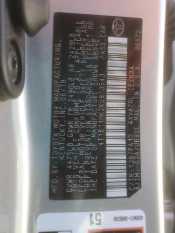 4T1B11HK2KU813543 - 2019 TOYOTA CAMRY L SILVER photo 13