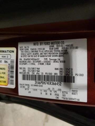 3FA6P0H74ER366452 - 2014 FORD FUSION SE ORANGE photo 12