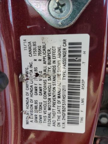 2HGFB2F51FH511211 - 2015 HONDA CIVIC LX MAROON photo 12