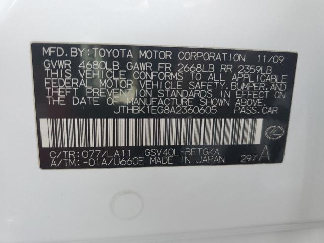 JTHBK1EG8A2360605 - 2010 LEXUS ES 350 WHITE photo 12