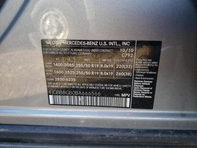 4JGBB8GB0BA666566 - 2011 MERCEDES-BENZ ML 350 4MATIC GRAY photo 12