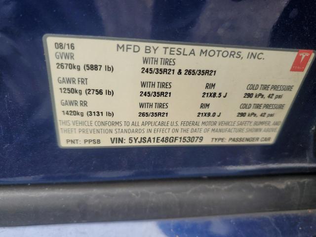 5YJSA1E48GF153079 - 2016 TESLA MODEL S BLUE photo 12