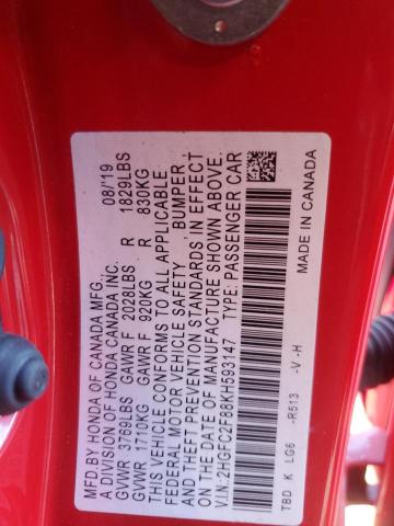 2HGFC2F88KH593147 - 2019 HONDA CIVIC SPORT RED photo 12