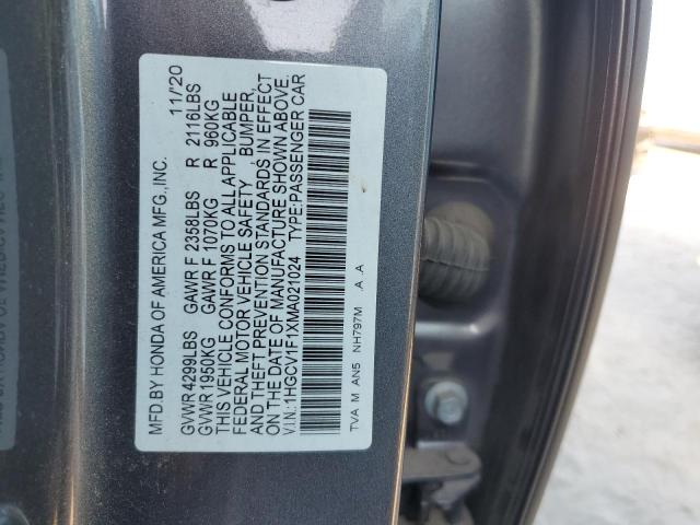 1HGCV1F1XMA021024 - 2021 HONDA ACCORD LX GRAY photo 12