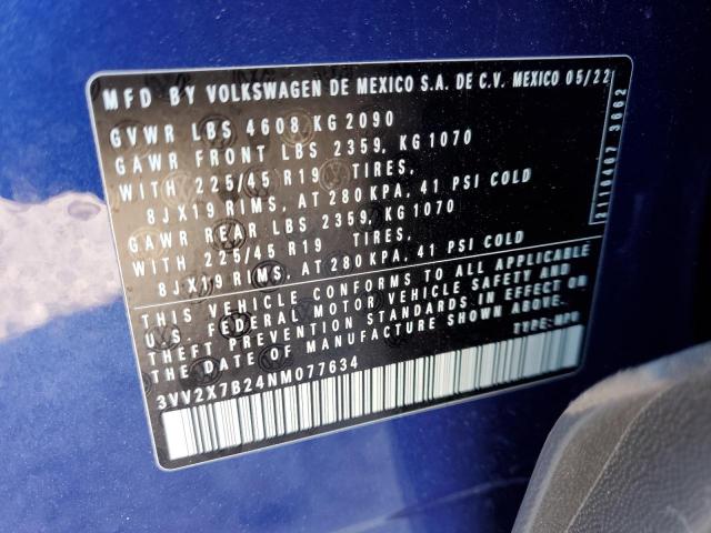 3VV2X7B24NM077634 - 2022 VOLKSWAGEN TAOS SEL BLUE photo 13