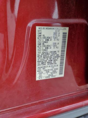 5N1AR18U17C635319 - 2007 NISSAN PATHFINDER LE წითელი ფოტო 12