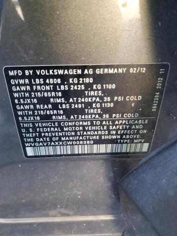 WVGAV7AXXCW006380 - 2012 VOLKSWAGEN TIGUAN S CHARCOAL photo 13