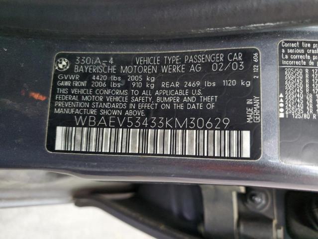 WBAEV53433KM30629 - 2003 BMW 3 SERIES I CHARCOAL photo 12