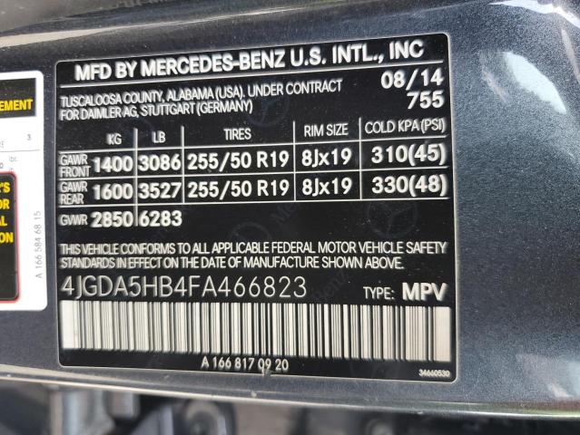 4JGDA5HB4FA466823 - 2015 MERCEDES-BENZ ML 350 4MATIC CHARCOAL photo 14