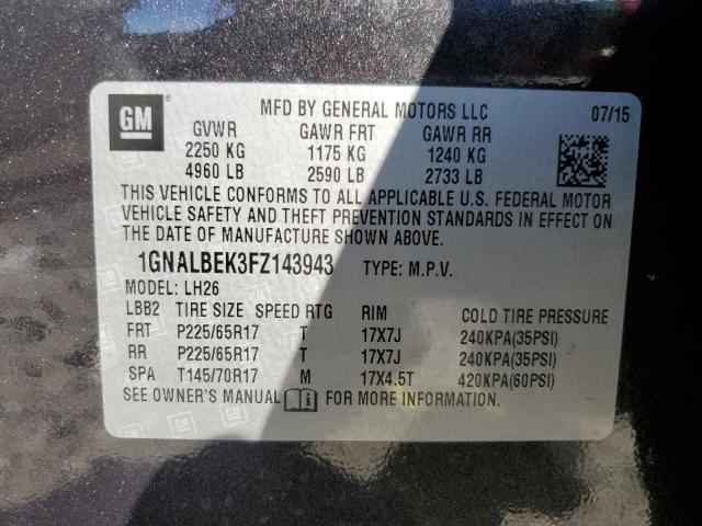 1GNALBEK3FZ143943 - 2015 CHEVROLET EQUINOX LT GRAY photo 14