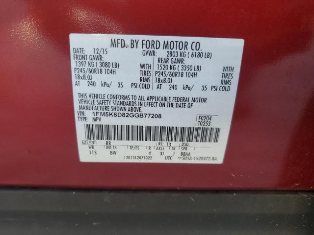 1FM5K8D82GGB77208 - 2016 FORD EXPLORER XLT RED photo 13