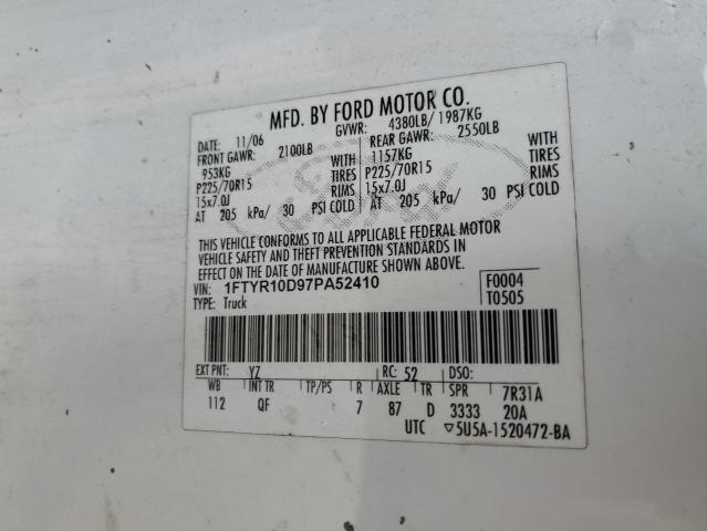 1FTYR10D97PA52410 - 2007 FORD RANGER WHITE photo 12