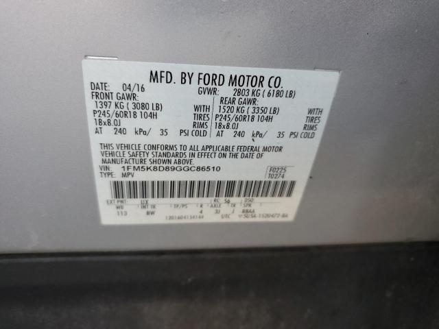 1FM5K8D89GGC86510 - 2016 FORD EXPLORER XLT SILVER photo 14