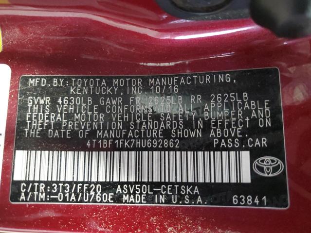 4T1BF1FK7HU692862 - 2017 TOYOTA CAMRY LE RED photo 12