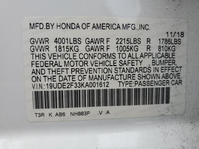 19UDE2F33KA001612 - 2019 ACURA ILX WHITE photo 12