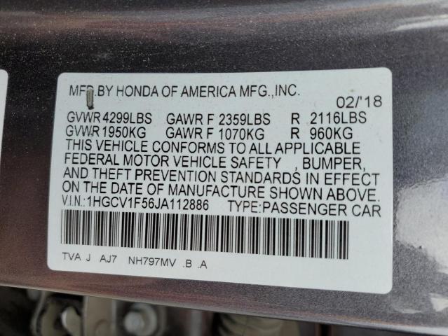 1HGCV1F56JA112886 - 2018 HONDA ACCORD EXL GRAY photo 12