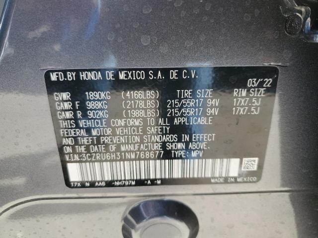 3CZRU6H31NM768677 - 2022 HONDA HR-V LX GRAY photo 12