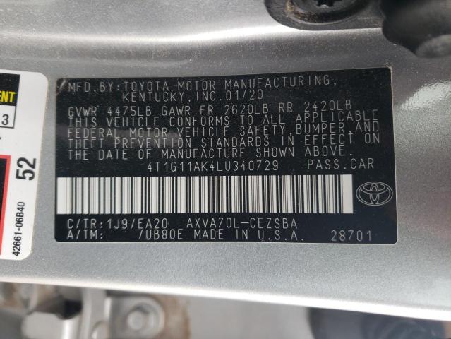 4T1G11AK4LU340729 - 2020 TOYOTA CAMRY SE SILVER photo 12