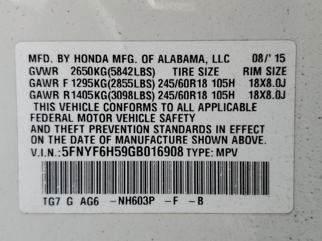 5FNYF6H59GB016908 - 2016 HONDA PILOT EXL WHITE photo 13