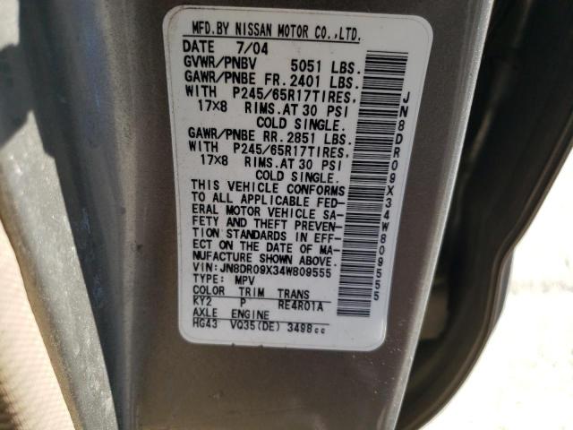 JN8DR09X34W809555 - 2004 NISSAN PATHFINDER LE GRAY photo 13