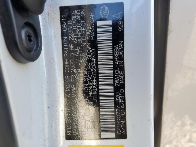 JTHKD5BH6B2044930 - 2011 LEXUS CT 200 WHITE photo 12