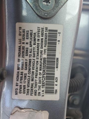 19XFC2F63KE020889 - 2019 HONDA CIVIC LX GRAY photo 12