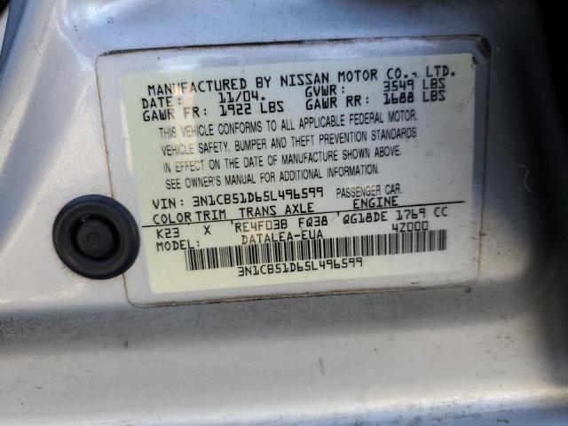 3N1CB51D65L496599 - 2005 NISSAN SENTRA 1.8 SILVER photo 13