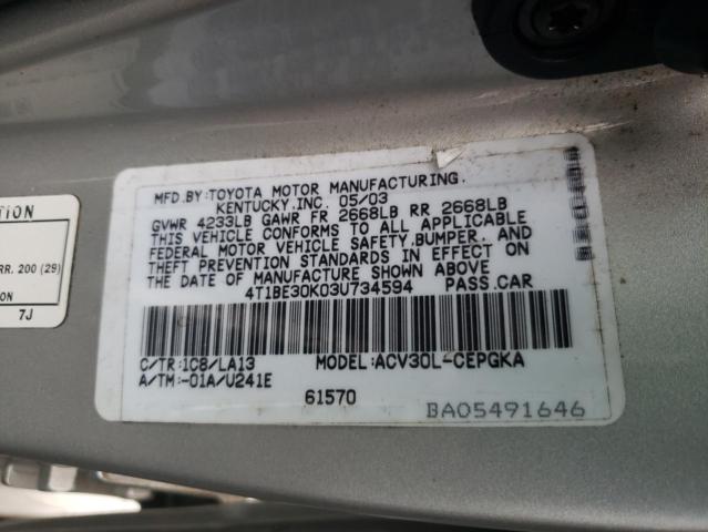 4T1BE30K03U734594 - 2003 TOYOTA CAMRY LE BEIGE photo 12