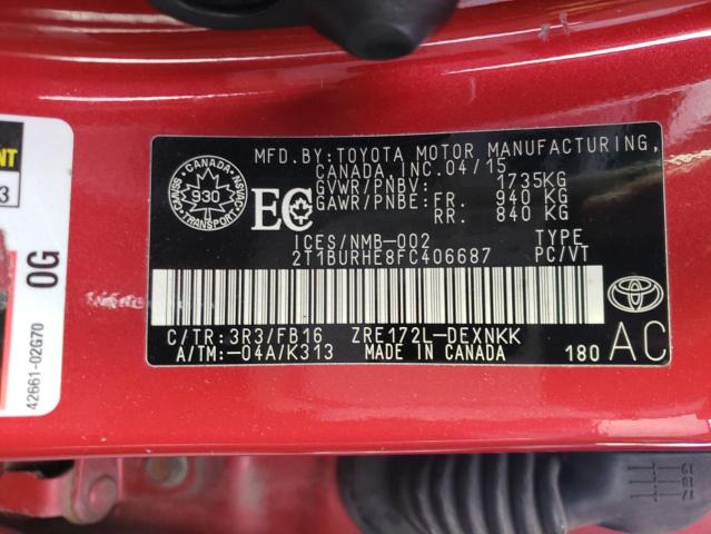 2T1BURHE8FC406687 - 2015 TOYOTA COROLLA L RED photo 12