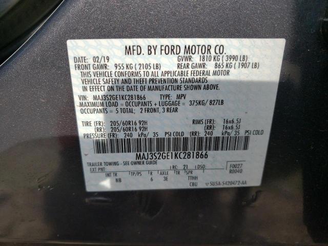 MAJ3S2GE1KC281866 - 2019 FORD ECOSPORT SE GRAY photo 14