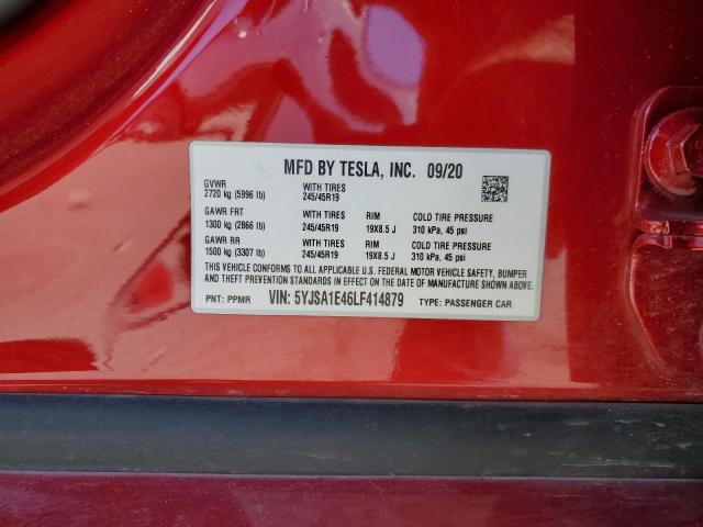 5YJSA1E46LF414879 - 2020 TESLA MODEL S წითელი ფოტო 12