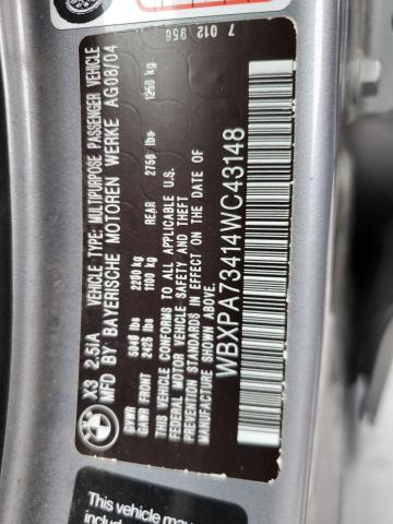 WBXPA73414WC43148 - 2004 BMW X3 2.5I SILVER photo 12