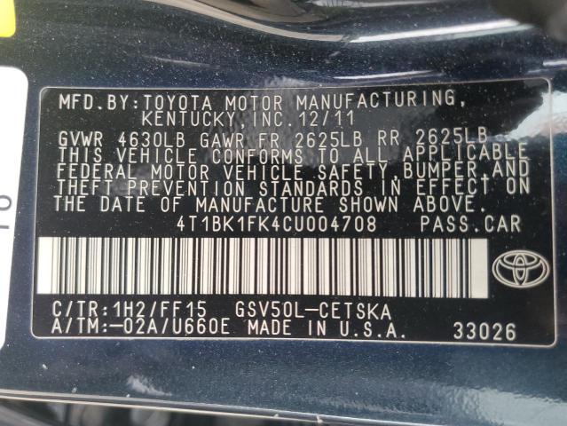 4T1BK1FK4CU004708 - 2012 TOYOTA CAMRY SE CHARCOAL photo 13