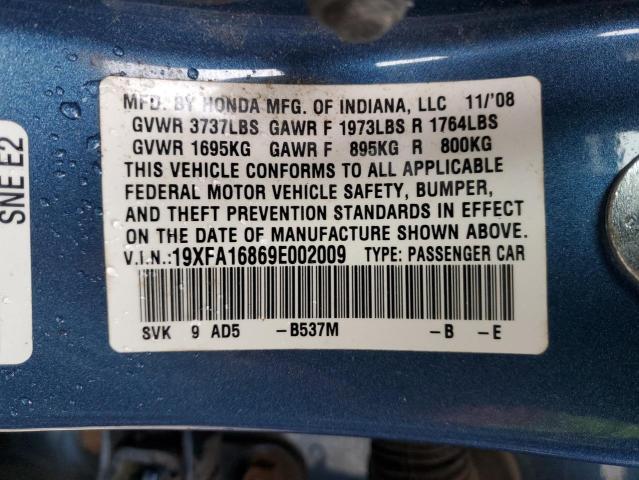 19XFA16869E002009 - 2009 HONDA CIVIC EX BLUE photo 13