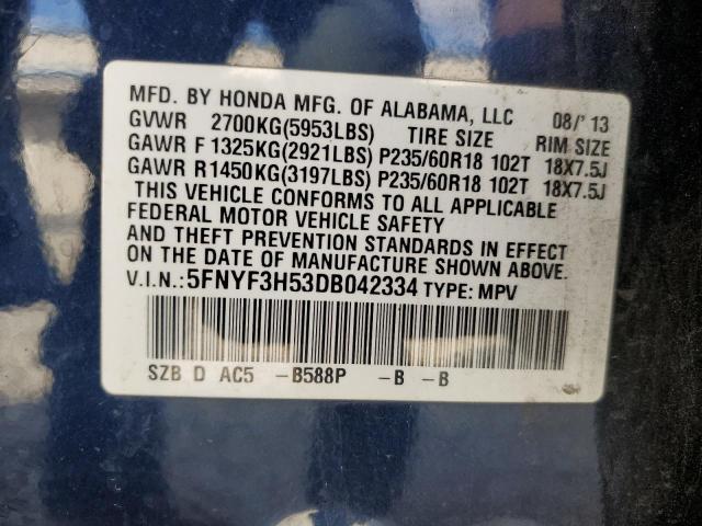 5FNYF3H53DB042334 - 2013 HONDA PILOT EXL BLUE photo 13