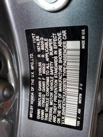 SHHFK7H7XJU209763 - 2018 HONDA CIVIC EXL GRAY photo 12