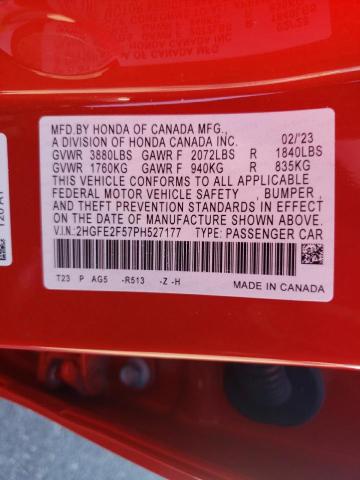 2HGFE2F57PH527177 - 2023 HONDA CIVIC SPORT 红色 照片 12