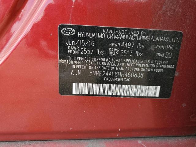 5NPE24AF8HH460838 - 2017 HYUNDAI SONATA SE RED photo 12