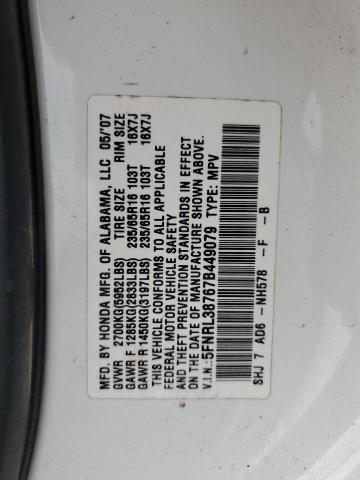 5FNRL38767B449079 - 2007 HONDA ODYSSEY EXL WHITE photo 13