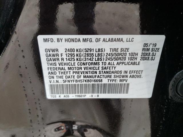 5FNYF8H57KB016698 - 2019 HONDA PASSPORT EXL BLACK photo 12