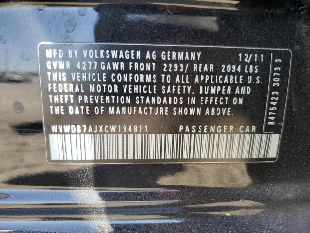 WVWDB7AJXCW194811 - 2012 VOLKSWAGEN GOLF BLACK photo 12