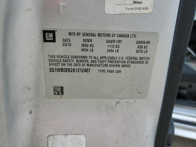 2G1WB5EK2A1212487 - 2010 CHEVROLET IMPALA LT SILVER photo 12