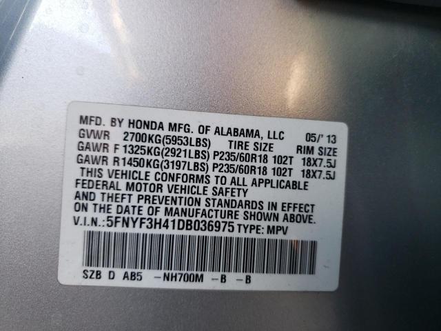 5FNYF3H41DB036975 - 2013 HONDA PILOT EX SILVER photo 13