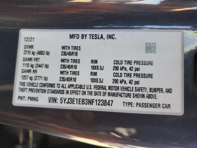 5YJ3E1EB3NF123847 - 2022 TESLA MODEL 3 CHARCOAL photo 13