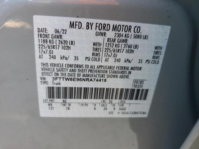 3FTTW8E96NRA74418 - 2022 FORD MAVERICK XL GRAY photo 12