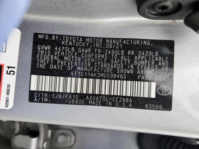 4T1C11AK3MU598465 - 2021 TOYOTA CAMRY LE SILVER photo 12